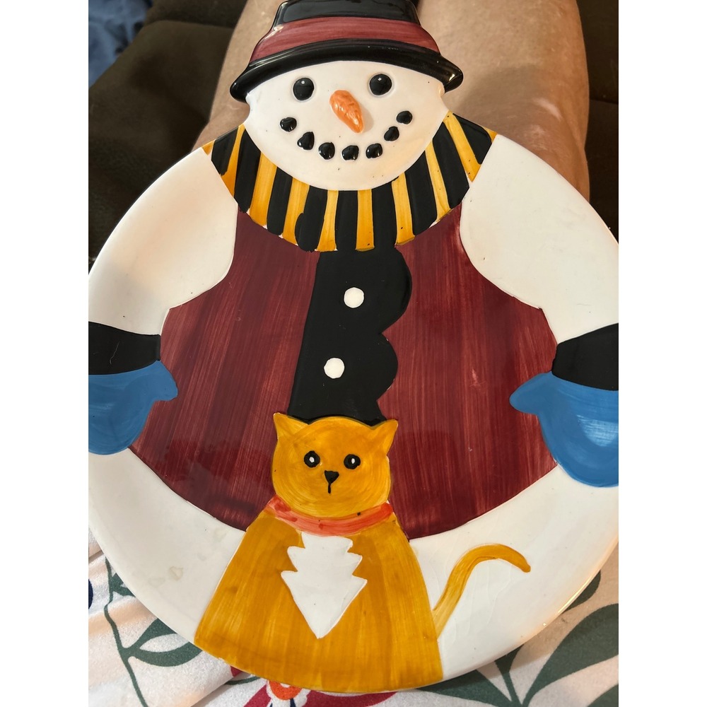 Hand Painted Ceramic Snowman and Orange Cat Holiday Serving Plate Christmas Deco